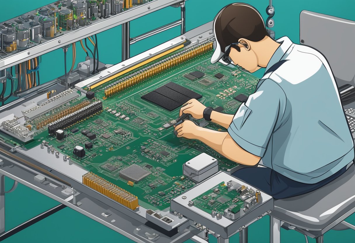 A PCB assembly process with components being placed and soldered onto the board, with a technician inspecting the final product for quality assurance