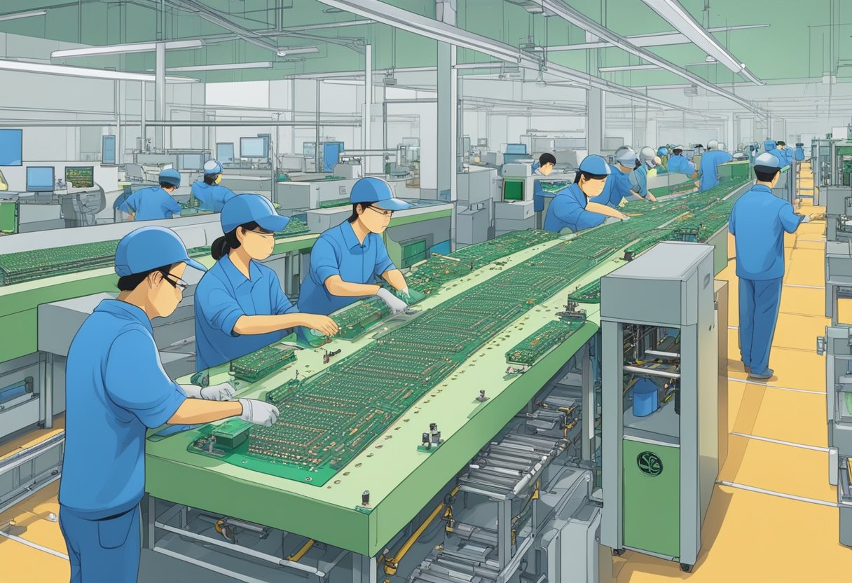 Multiple PCB assembly factories in Shenzhen with workers and machines. Busy production lines and quality control checks. Raw materials and finished products in storage