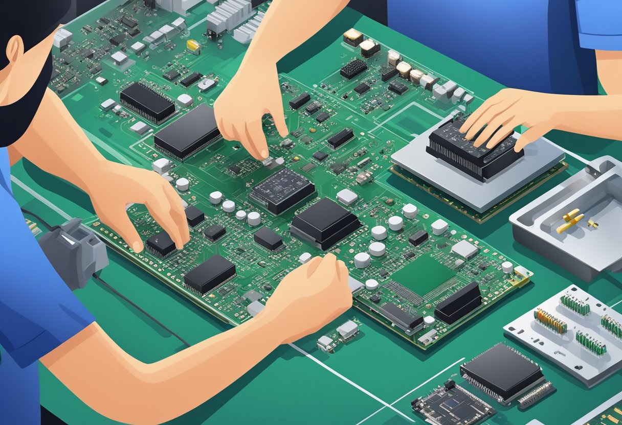 Various electronic components are being assembled onto a printed circuit board (PCB) in a high-tech manufacturing facility in Shenzhen