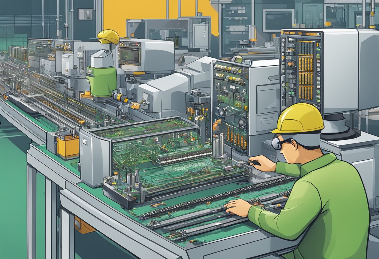 Electronic components being tested on a PCB assembly line. Machinery and equipment in use