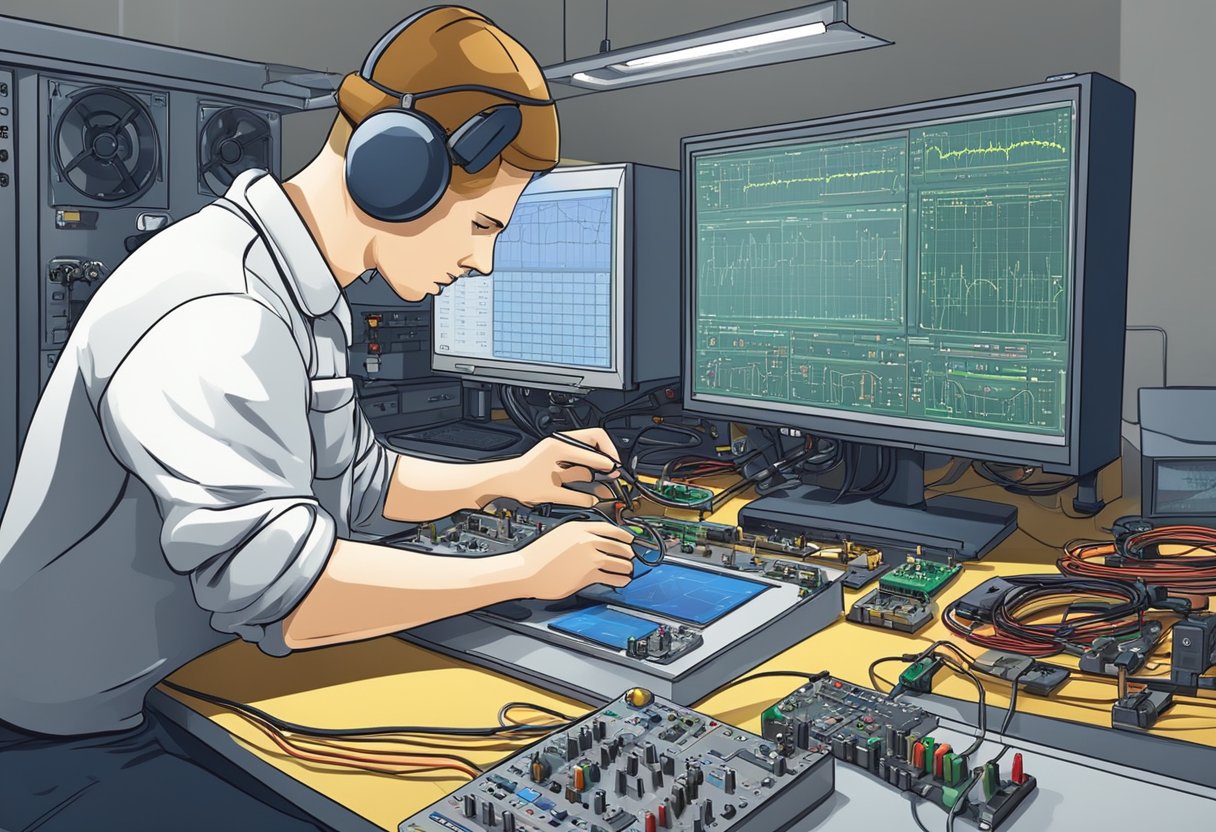 A technician tests a PCB assembly using a multimeter and oscilloscope. Various electronic components and testing equipment are visible on the workbench