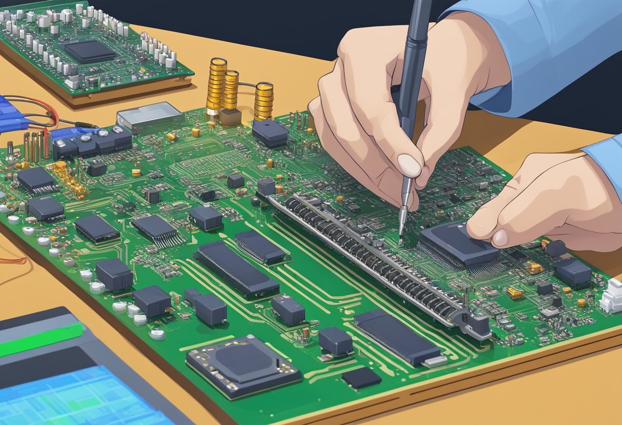 PCB assembly testing in progress. Components being checked and soldered onto the board. Test planning and development underway