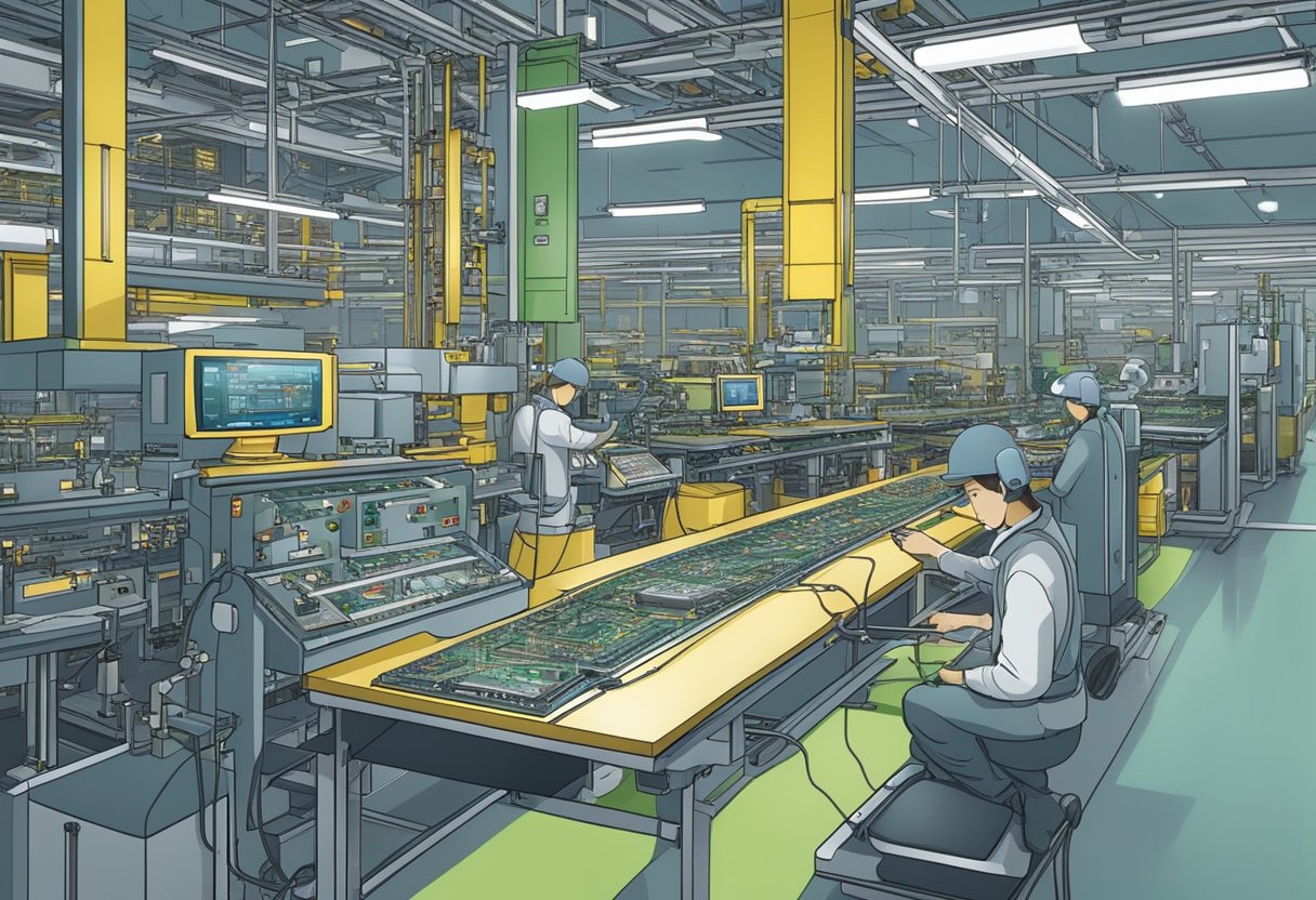 Machines assemble and solder electronic components onto printed circuit boards in a manufacturing facility