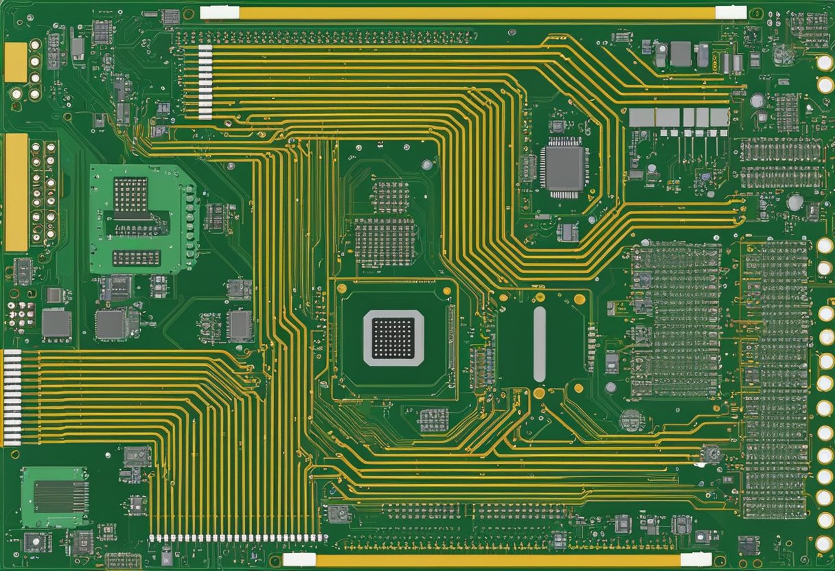 A computer-aided design software displays a detailed PCB layout with components, traces, and vias for manufacture and assembly