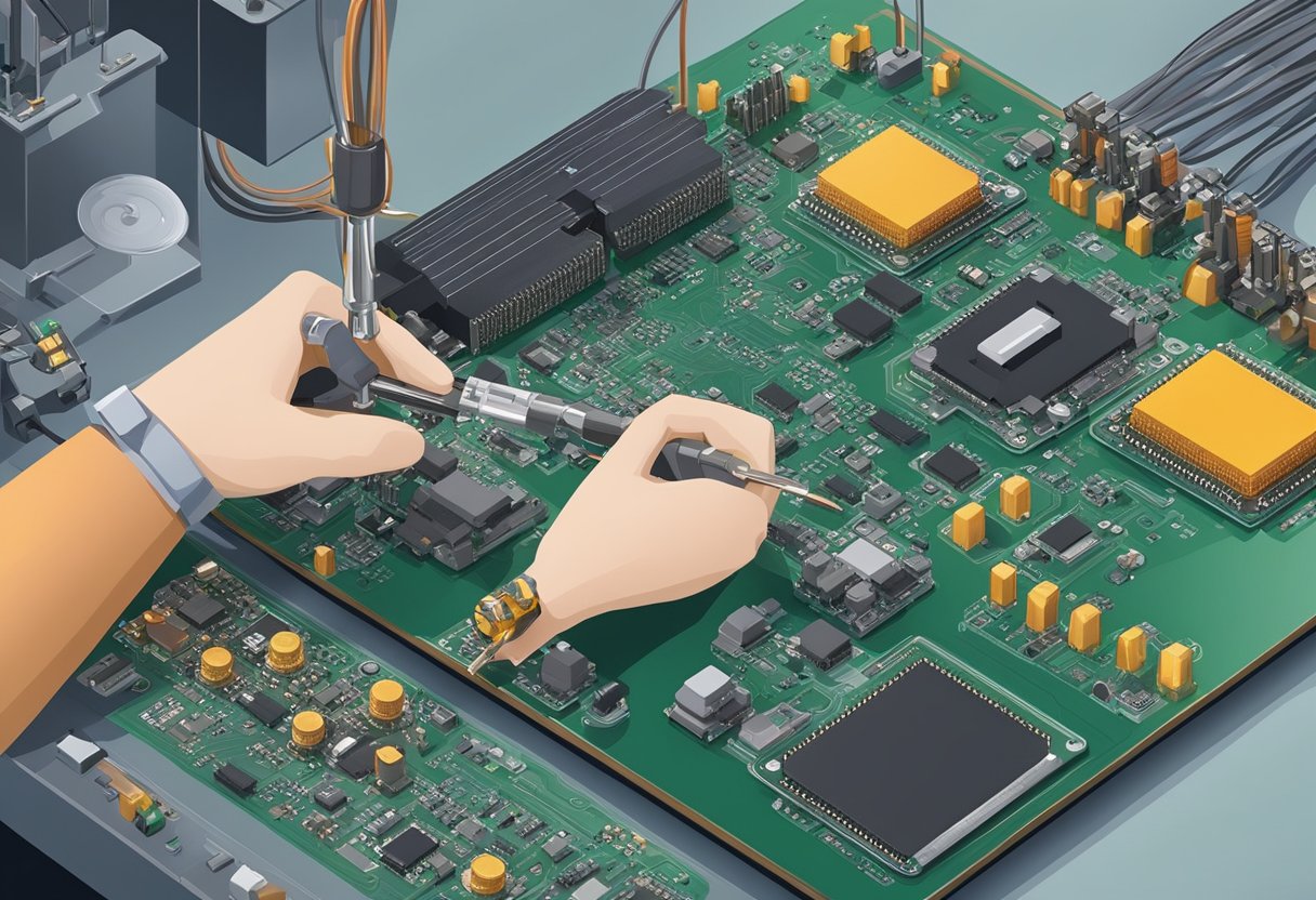 A technician carefully places electronic components onto a printed circuit board, while a robotic arm precisely solders the connections