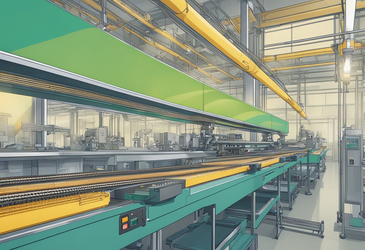 A conveyor belt moves PCBs through etching, drilling, and soldering stations in a brightly lit manufacturing facility