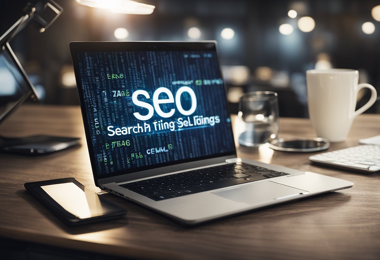 A laptop displaying a search engine results page with various website listings, while a magnifying glass hovers over the word "SEO" on the screen