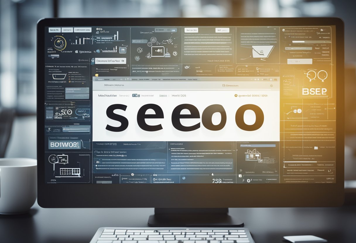A computer screen displaying a website with various on-page and off-page SEO elements, including backlinks, meta tags, and keyword optimization