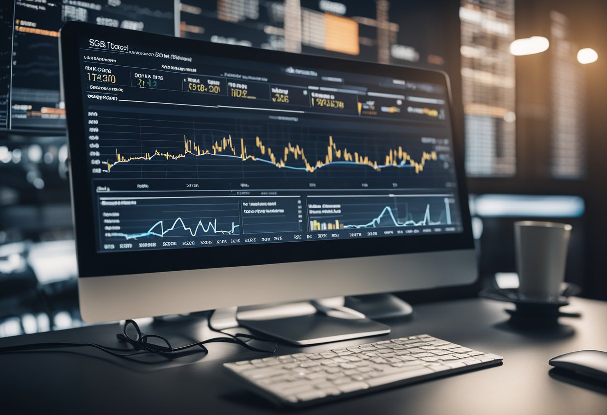 A computer screen displaying SEO tools and analytics data. Graphs and charts show keyword rankings and website traffic