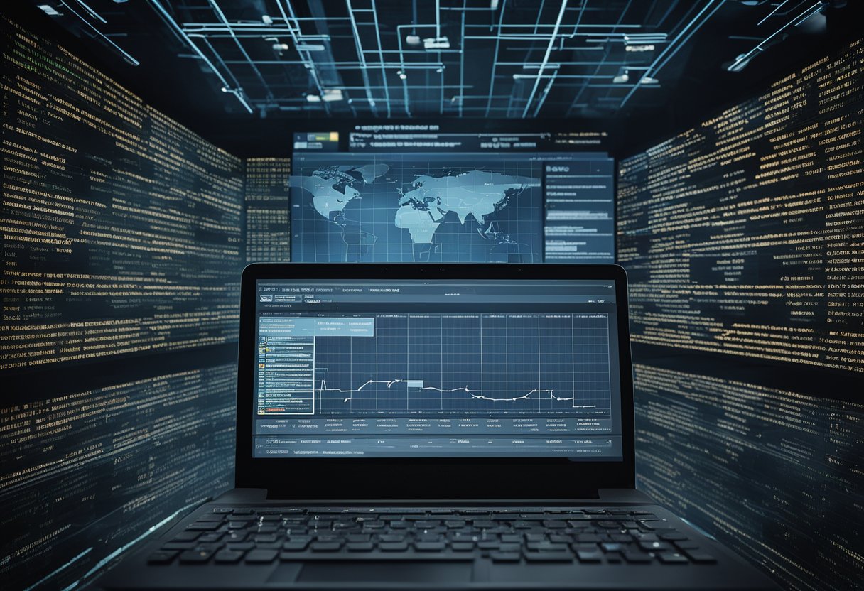 A computer screen displays SEO trends and updates. Keywords and data charts surround the screen, indicating the importance of search engine optimization