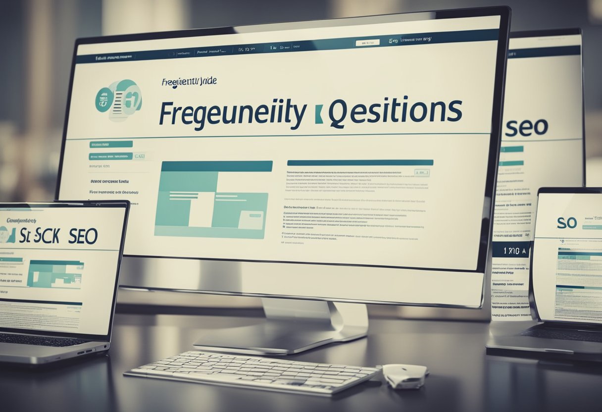 A computer screen displaying a website with the title "Frequently Asked Questions What is SEO? A Search Engine Optimisation Guide" and a search bar