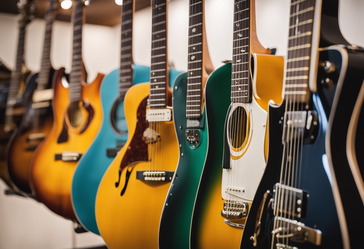 A group of beginner-friendly guitars displayed on a stand with colorful backgrounds and easy-to-read labels