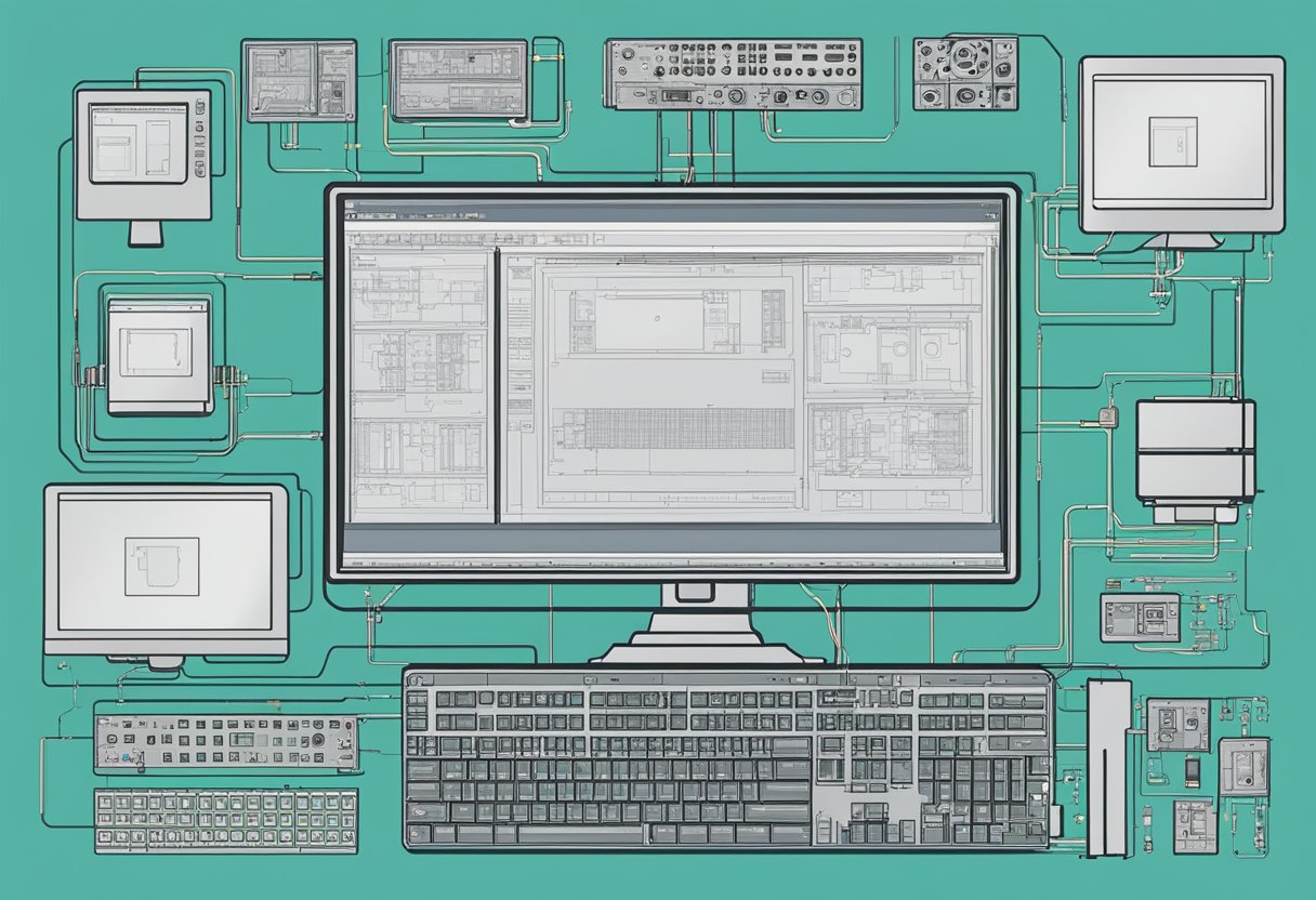A computer screen displaying PCB assembly drawing software with various components and connectors arranged in a schematic layout