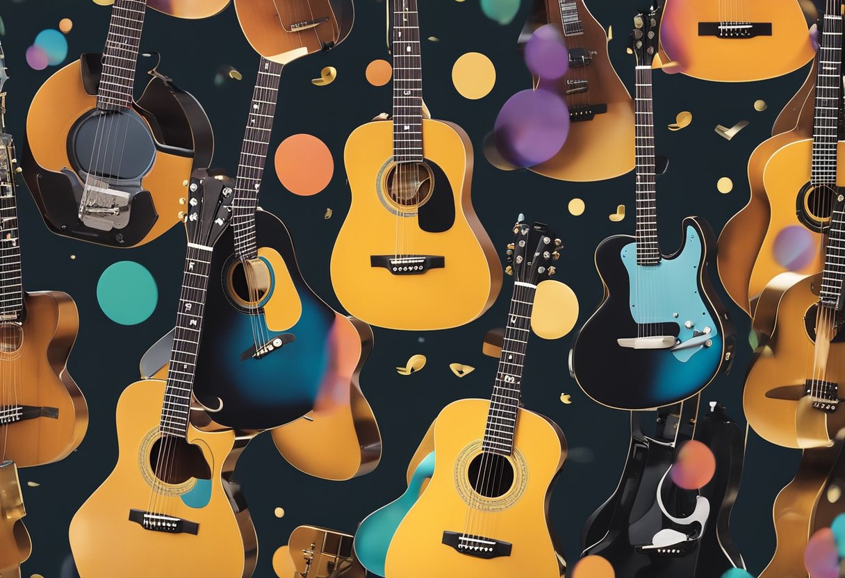 A group of beginner-friendly guitars displayed on a stand with colorful backgrounds and music notes floating in the air