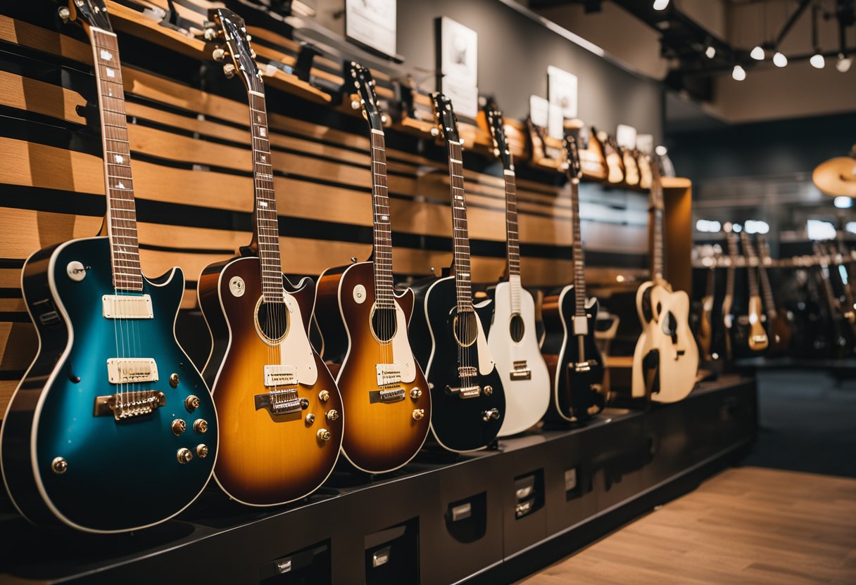 A group of beginner-friendly guitars displayed with labels and prices, surrounded by curious customers and a helpful salesperson