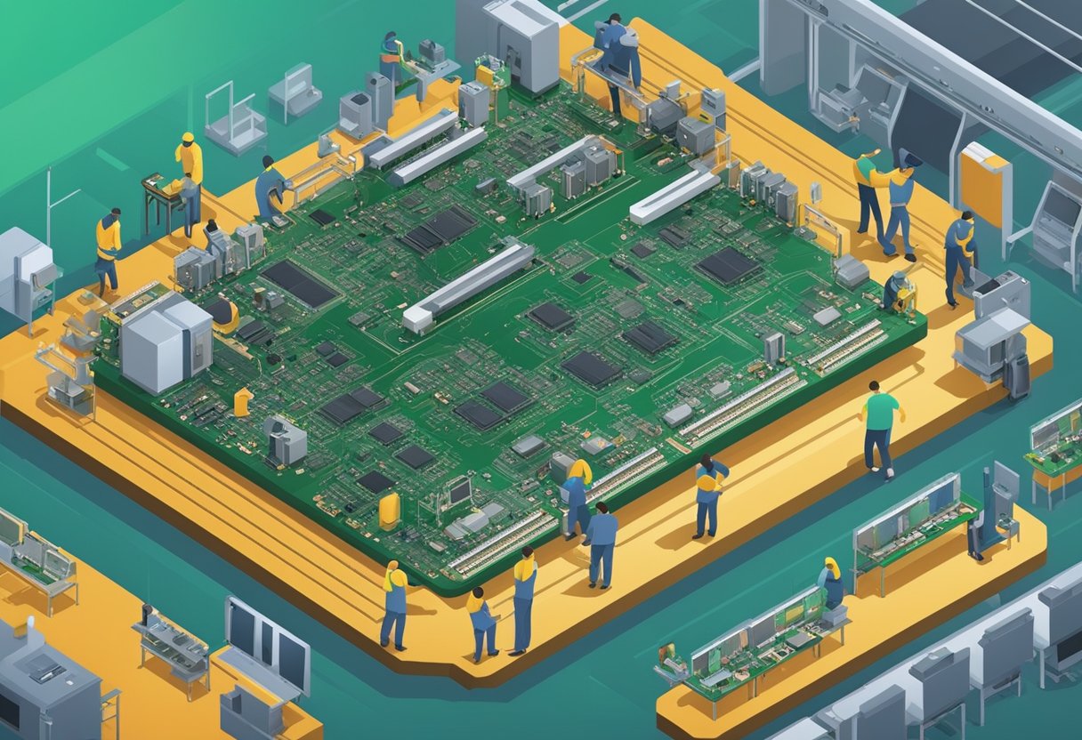 PCB components being assembled onto a circuit board by machines in a low-cost assembly facility
