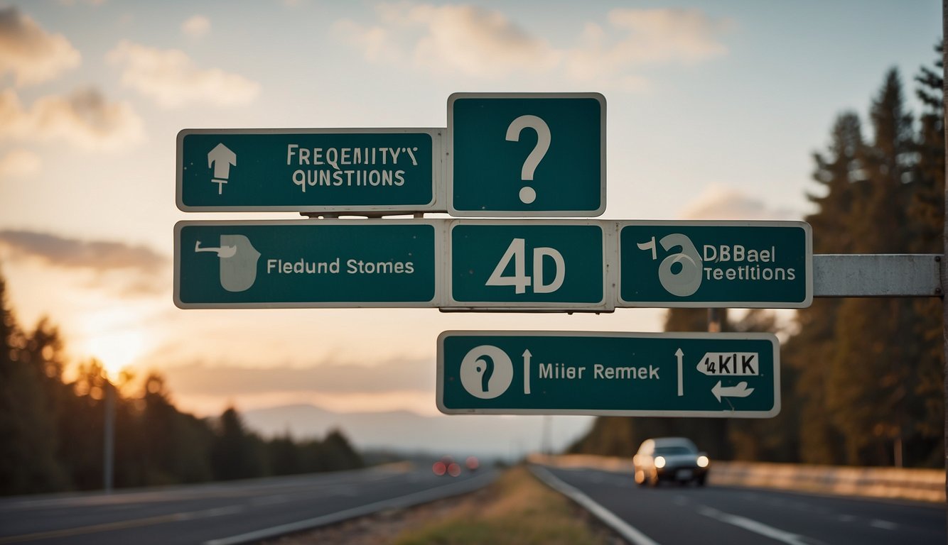 A road sign reads "Frequently Asked Questions 1 dbs point to miles."
