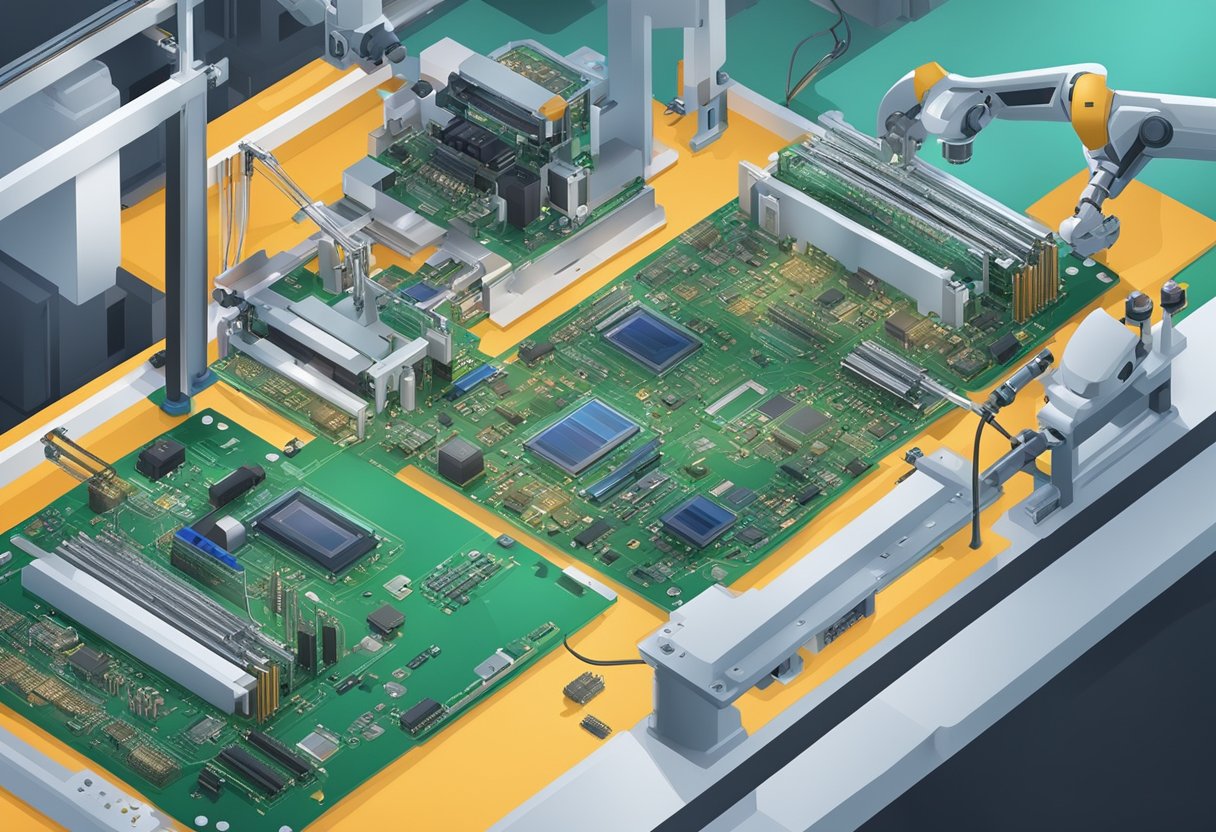 Printed circuit boards being assembled with precision machinery and robotic arms