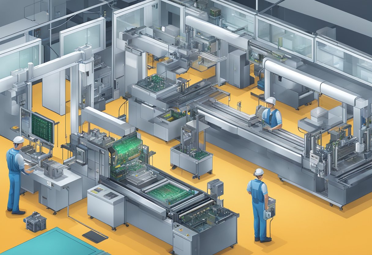 Precision machines print and assemble PCBs in a clean, high-tech manufacturing facility