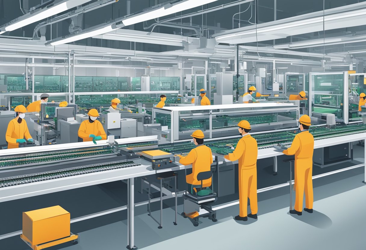 PCB components being assembled on a production line, with automated machinery and workers in a manufacturing facility