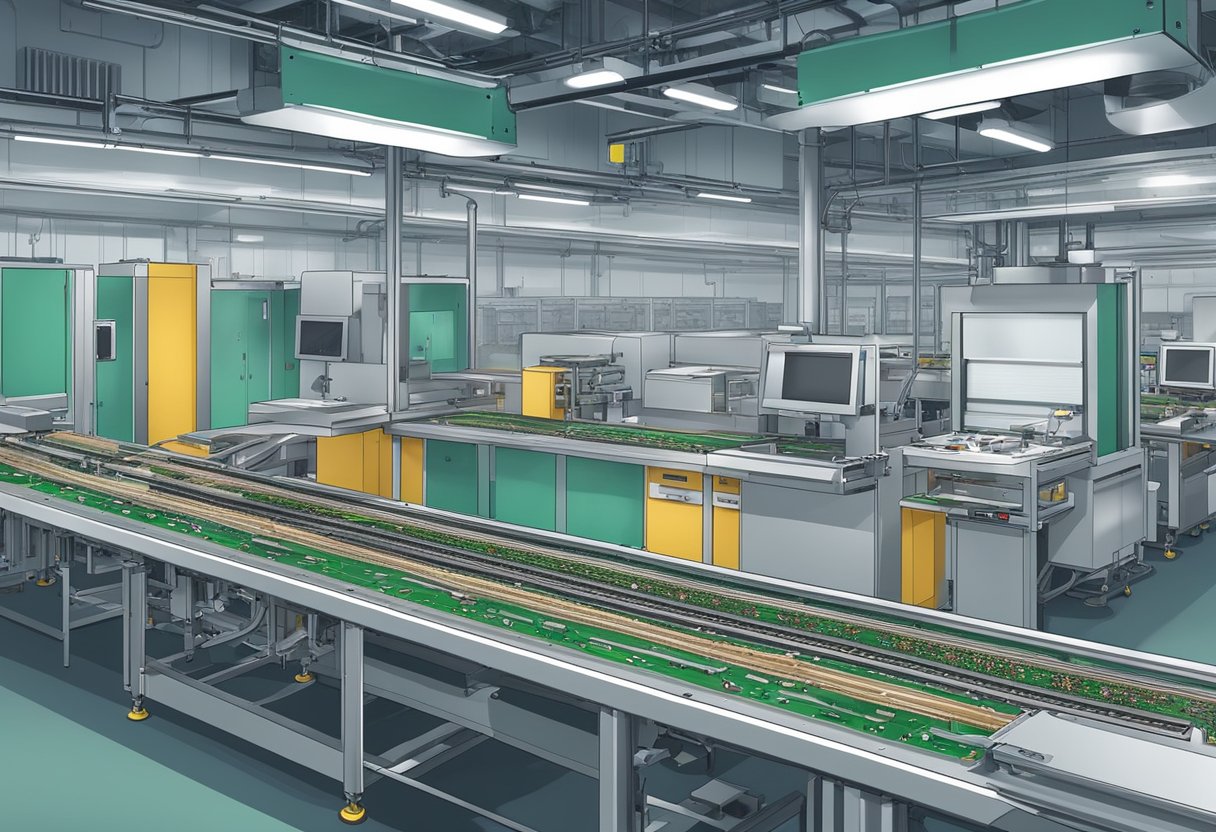 A conveyor belt carries circuit boards through automated soldering and inspection machines in a modern PCB assembly facility