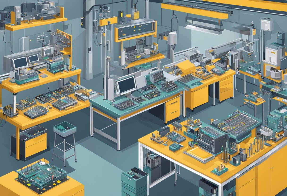 Various machines and tools arranged on a factory floor for through hole PCB assembly. Soldering stations, component insertion machines, and inspection equipment are visible