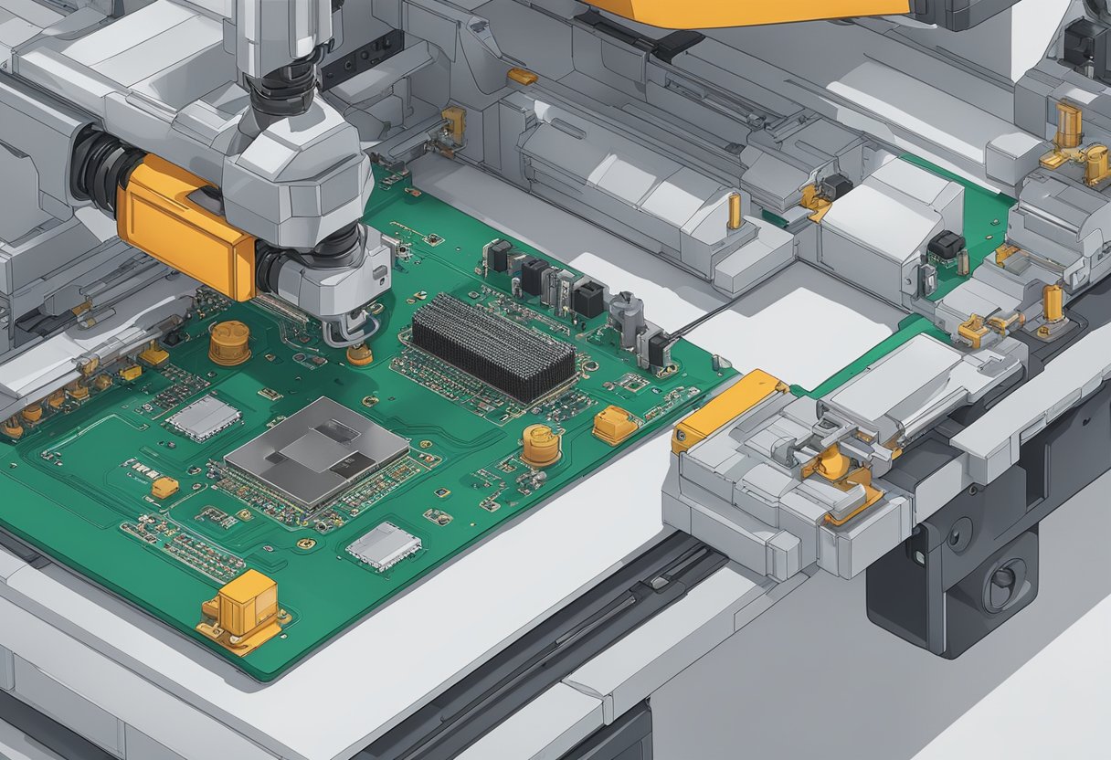 A robotic arm inserts components into a PCB through pre-drilled holes
