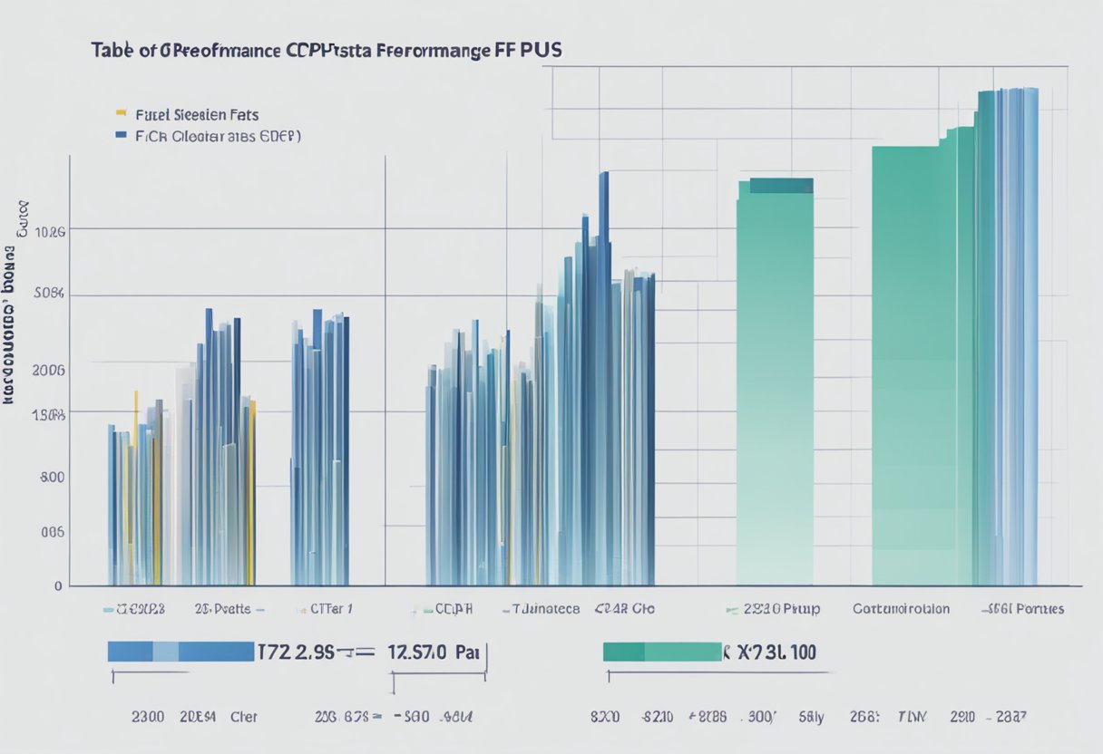 A table with two columns of data comparing 'F' series CPUs. Graphs and charts show performance metrics