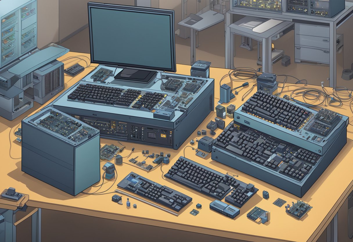 A computer system with 'F' CPUs being assembled by a technician. Components laid out on a workbench
