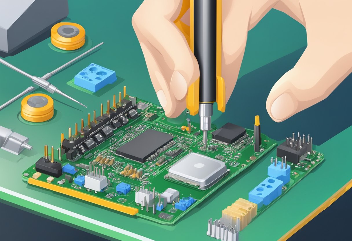 Soldering iron connects components on PCB. SMD parts placed by pick and place machine. Quality control checks completed boards