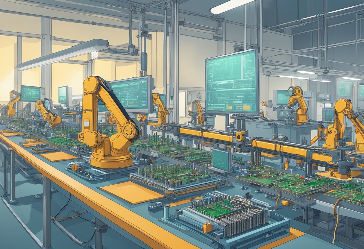 PCB components arranged on assembly line, soldering iron in use, robotic arms placing parts, conveyor belt moving