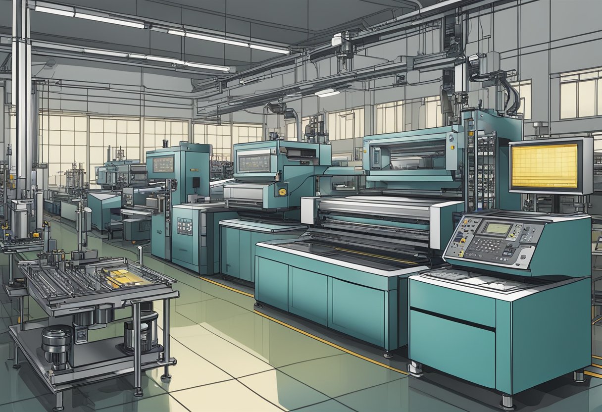 Machines etch, drill, and solder PCBs in a factory setting