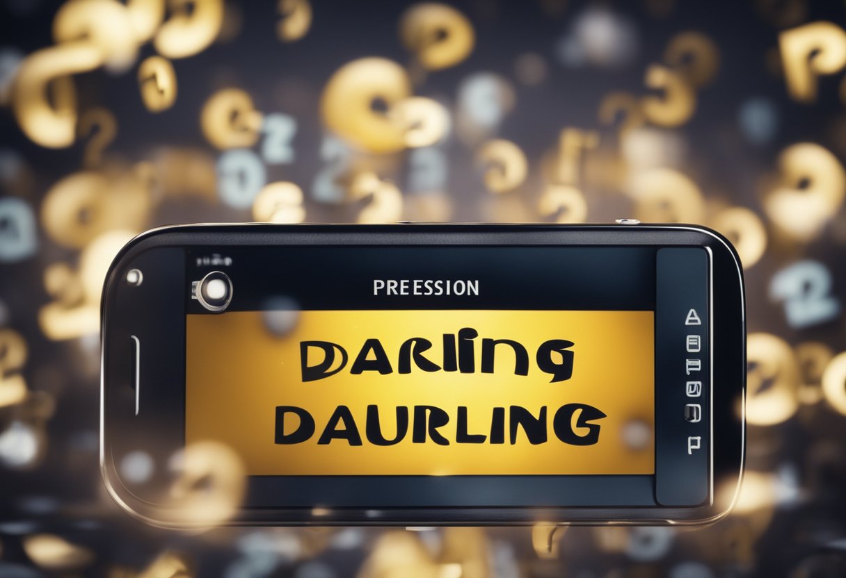 A phone screen with a text message reading "Darling" from a guy, surrounded by question marks and confusion