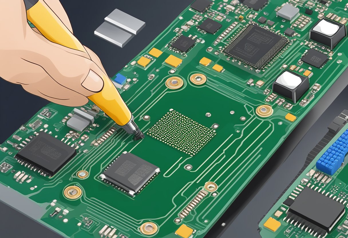 Solder paste is being applied to a printed circuit board during the SMT assembly process