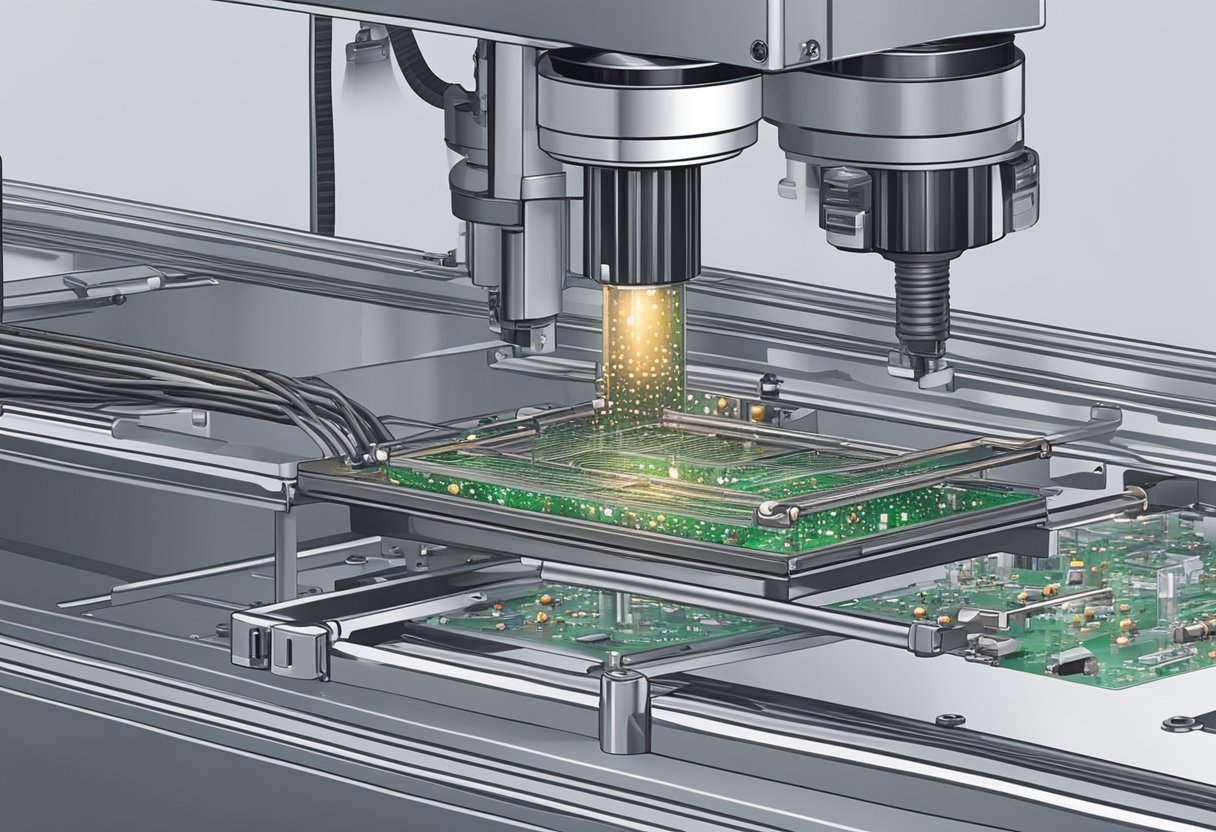 Solder paste applied to PCB. Components placed by pick-and-place machine. Reflow oven melts solder for final assembly