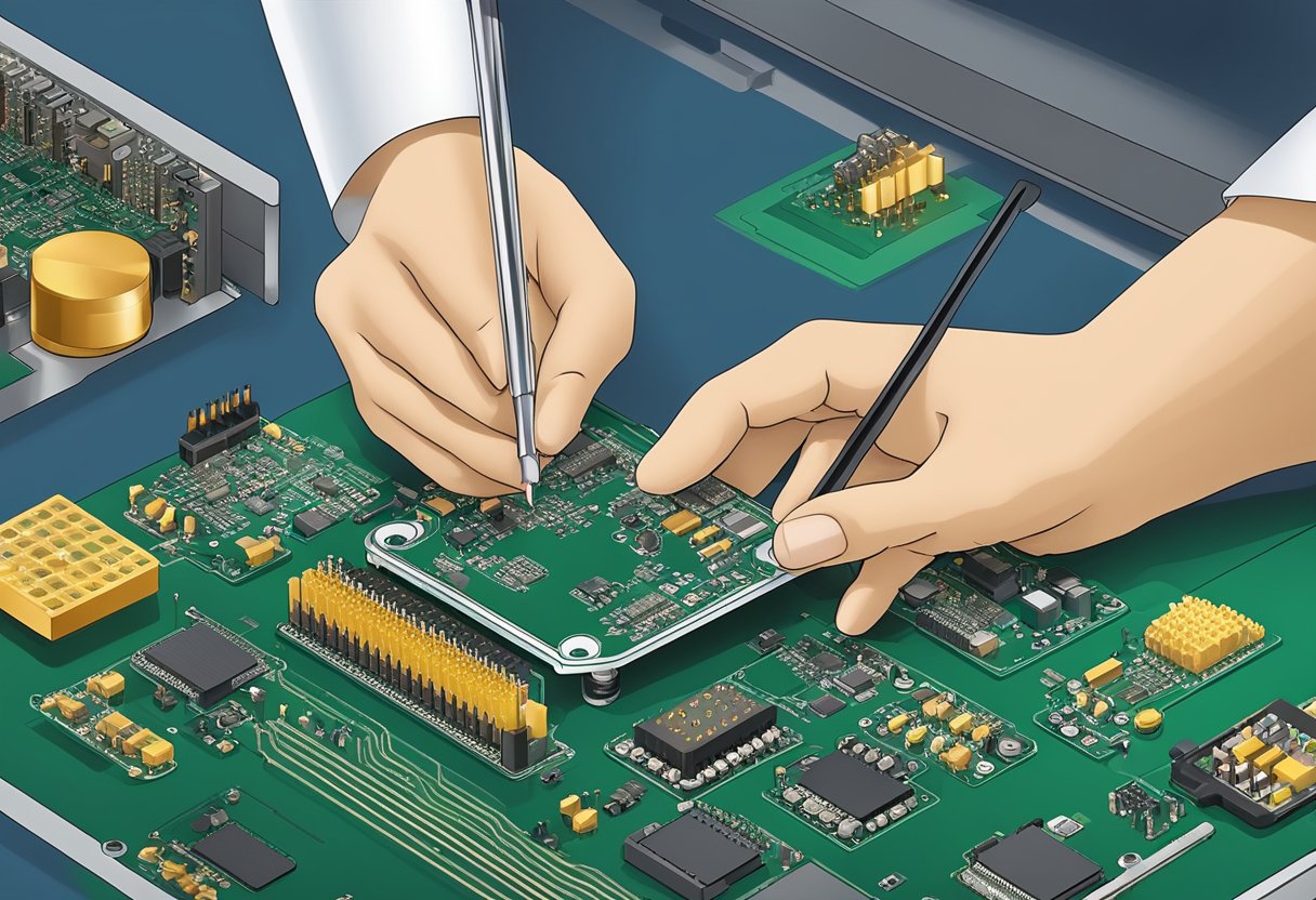 Components being placed on a printed circuit board during SMT assembly process