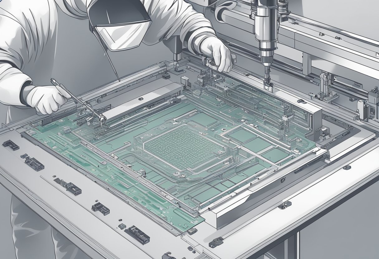 A technician is creating a stencil for PCB SMT assembly, using precise tools and machinery. The process involves design, fabrication, and careful attention to detail