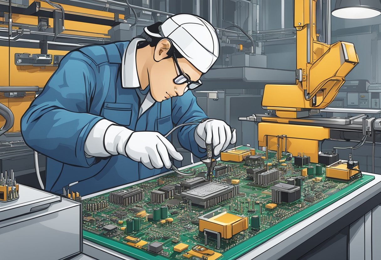A technician soldering components onto a printed circuit board in a well-lit assembly area