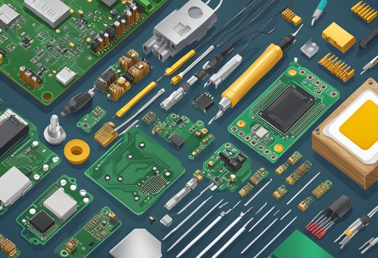 PCB assembly components arranged on a workbench, soldering iron, circuit boards, and electronic components in the background