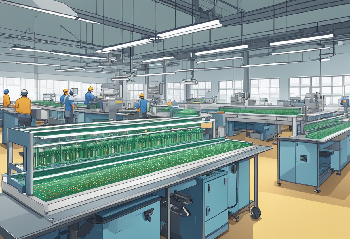 PCB components, soldering equipment, and assembly line conveyors in a well-lit factory setting
