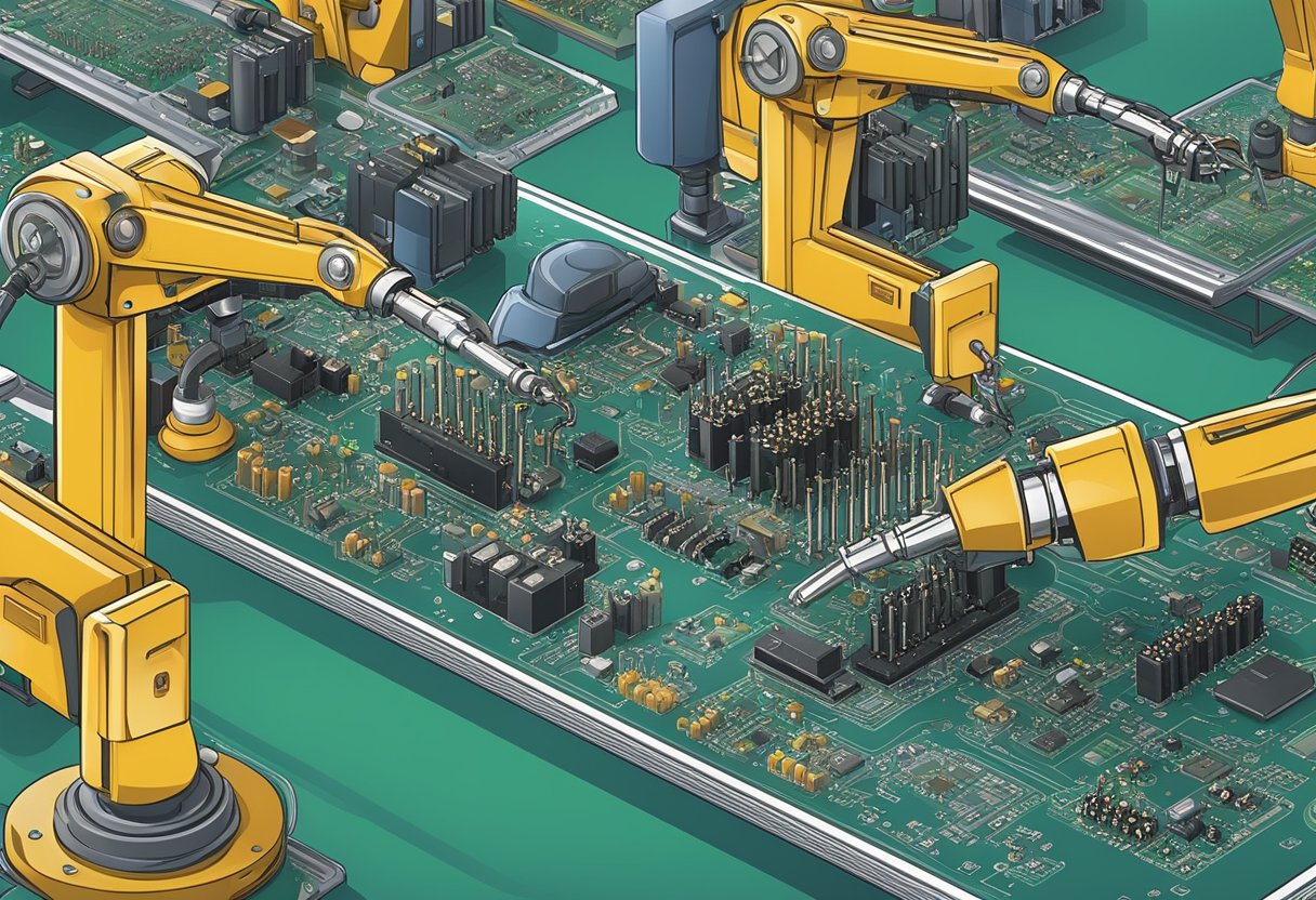 An assembly line of electronic components being soldered onto printed circuit boards by robotic arms