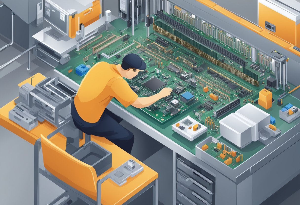 A technician assembles PCB components onto a circuit board using specialized equipment in a clean and organized manufacturing facility