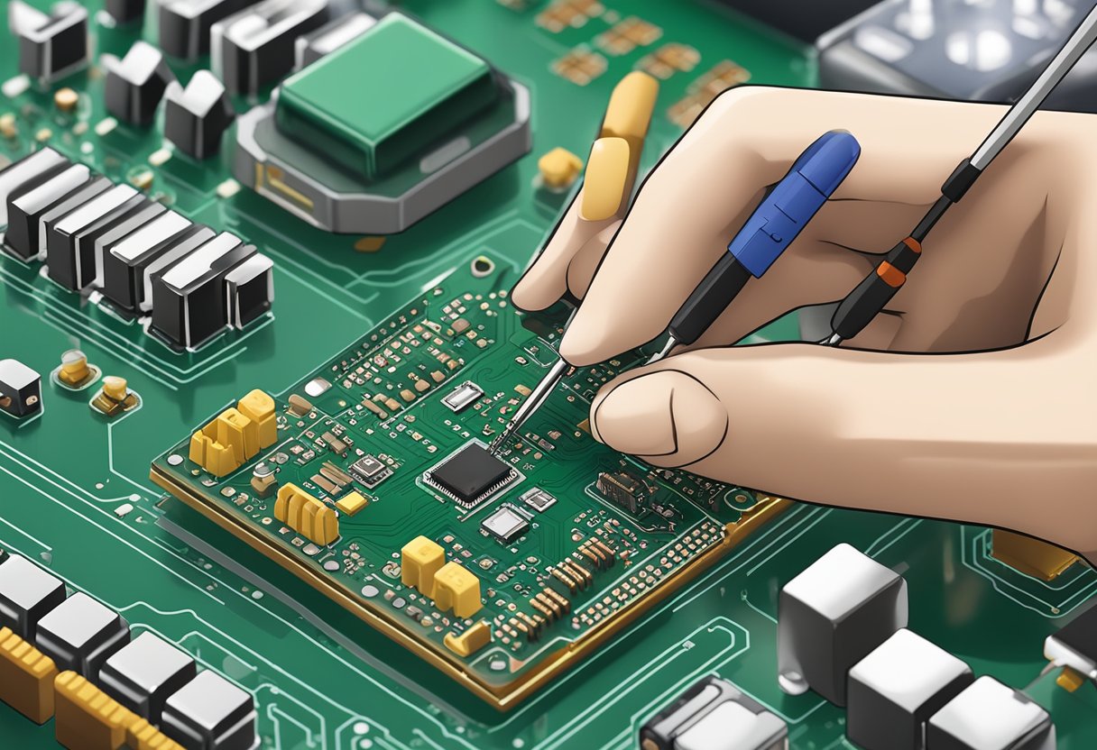 PCB components being placed and soldered on a circuit board, inspected by an AOI machine for accuracy