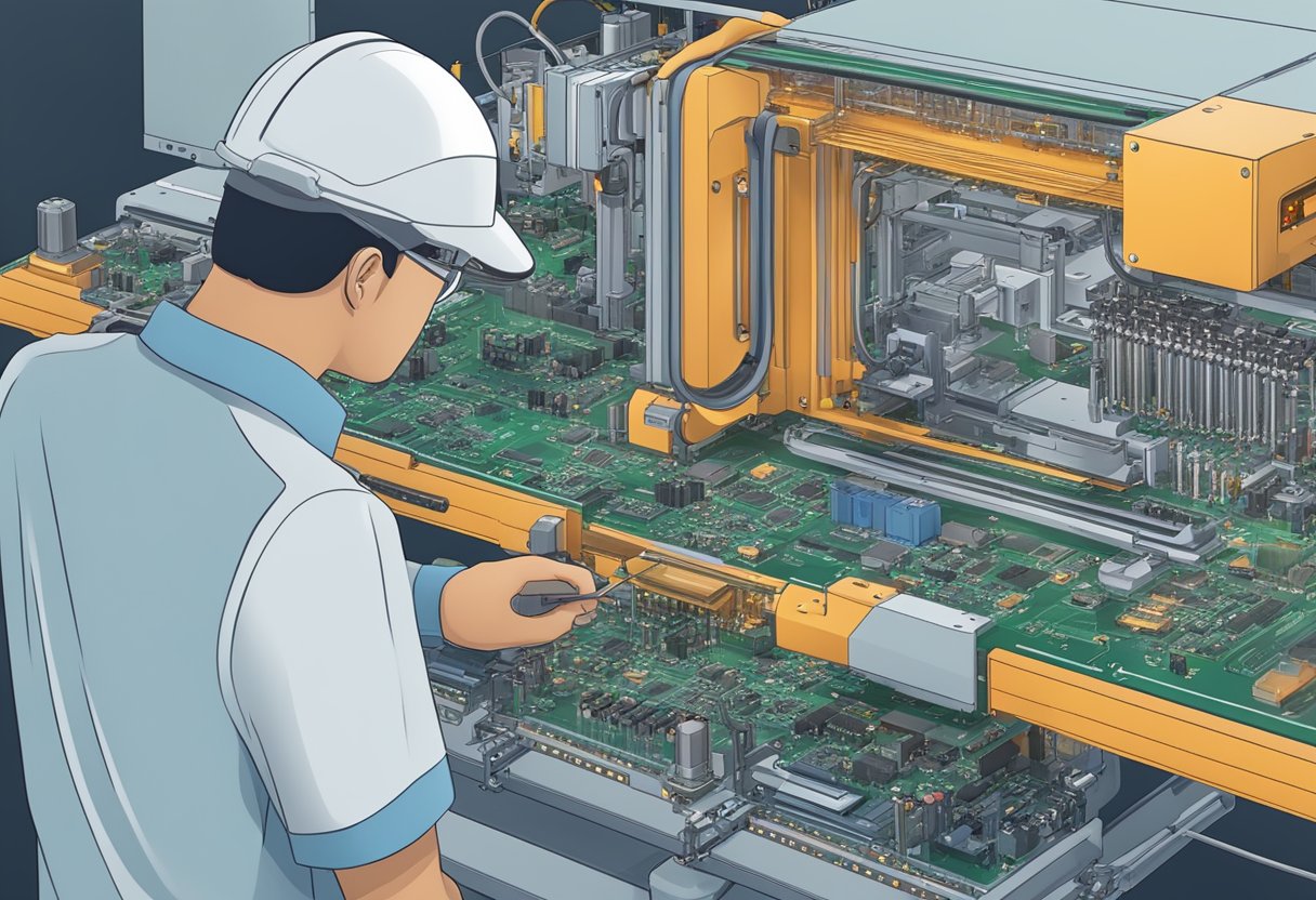 An AOI machine inspects PCB assembly for integration, with components and circuitry visible