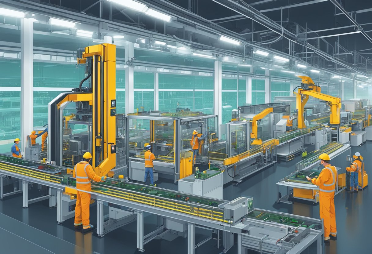 Machines assemble PCBs in a large, well-lit factory. Conveyor belts move components through automated stations. Workers monitor and maintain equipment