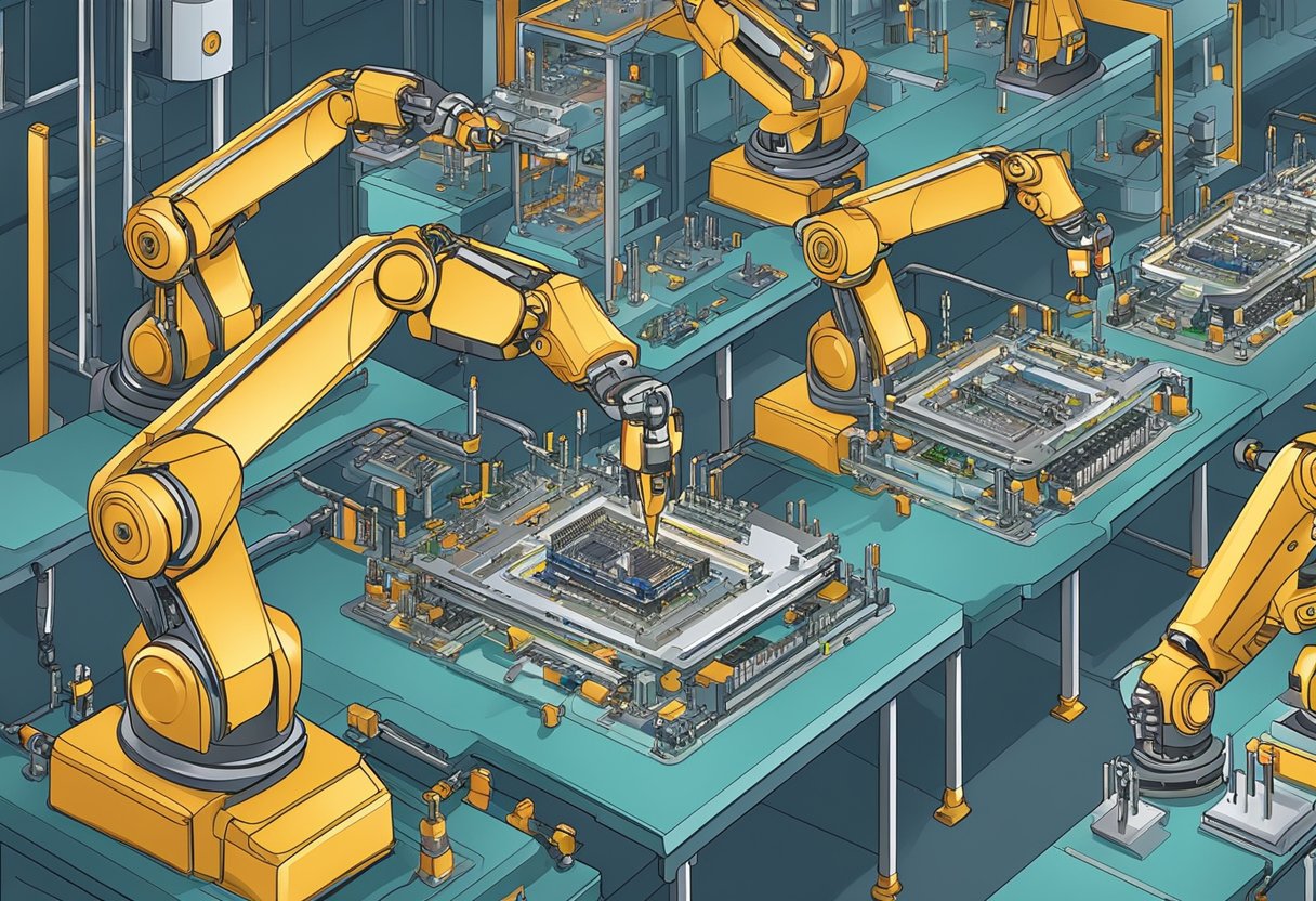 Robot arms place components on PCBs in a factory assembly line. Soldering machines then secure the components in place