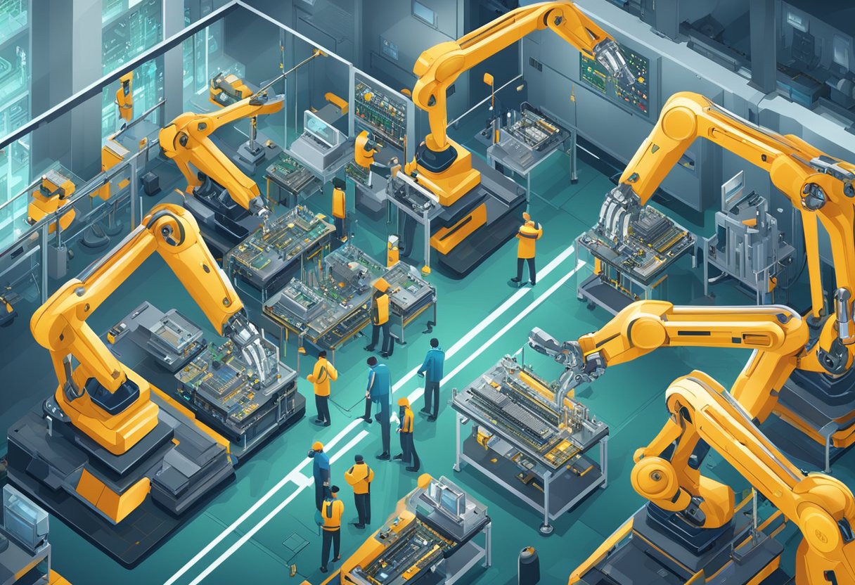 Robotic arms assemble circuit boards in a high-tech factory. Advanced machinery and precision tools fill the space, creating a futuristic and efficient atmosphere