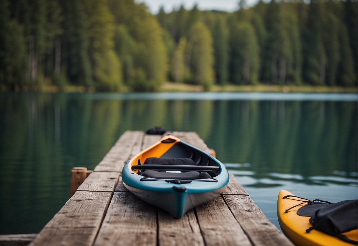 A kayak dock with wooden planks and metal railings on a calm lake