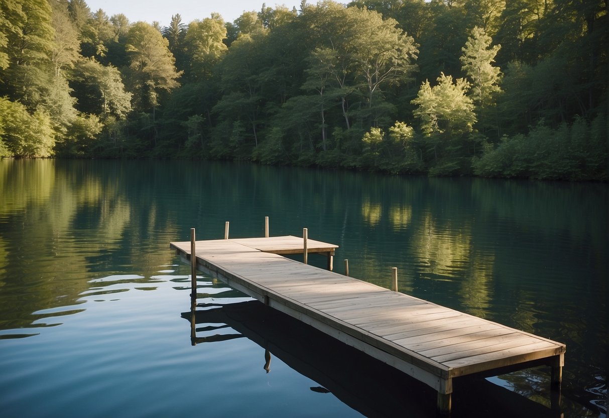 A kayak dock sits on calm water, surrounded by lush greenery and a clear blue sky. The dock is empty, with no kayaks in sight, creating a sense of tranquility and anticipation for adventure