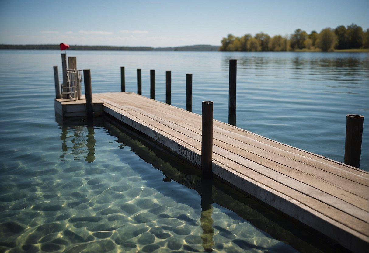 A kayak dock with a sign reading "Frequently Asked Questions" in bold letters, surrounded by calm water and a clear blue sky